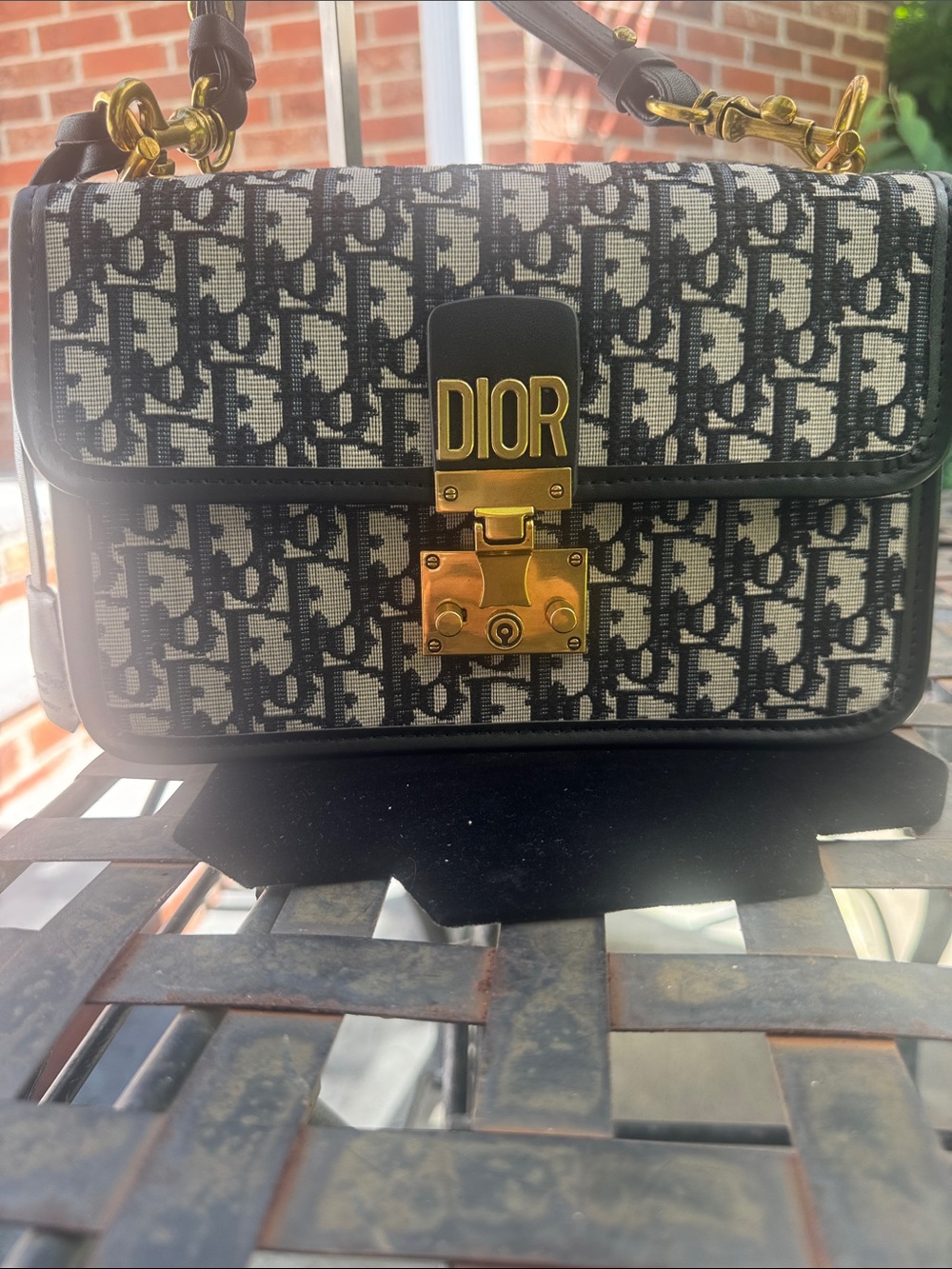 Dior Black/Beige Monogram Canvas Shoulder Bag with Gold Hardware